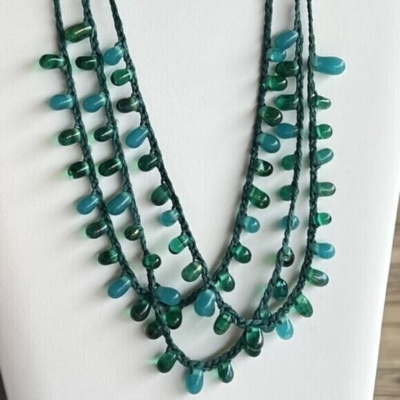 HANDMADE Multistrand Turquoise Glass Bead Necklace 19 in + 2.5 in Ext. Blue Teal - Picture 7 of 8